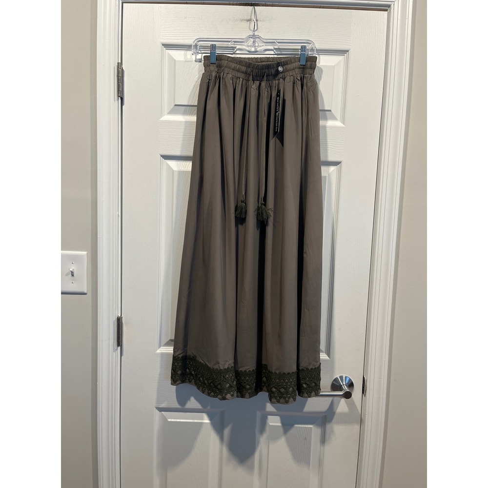 Scarlet Darkness Maxi Skirt Taupe Brown Crochet Lace Hem Tassel Drawstring S